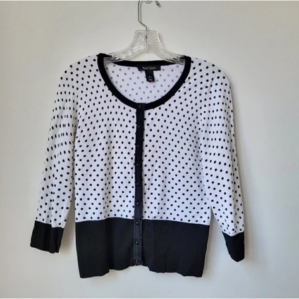 WHITE House Black Market Polka Dot Print Black White 3/4 Sleeve Cardigan Small - Picture 7 of 9